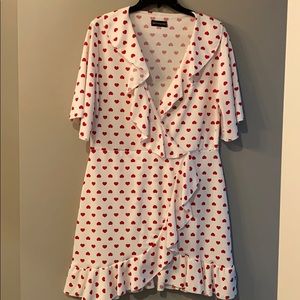 White Heart Print Frill Detail Wrap Dress